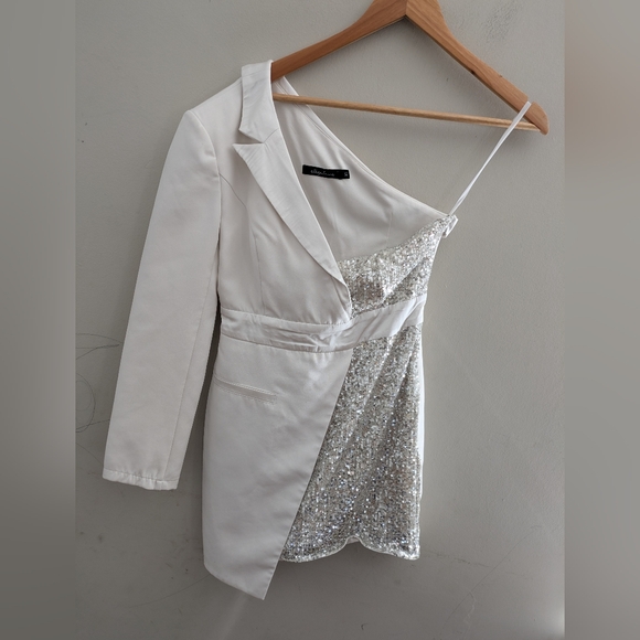 Elle Zeitoune White One Shoulder Sequin Mini Dress Size XS - Picture 3 of 5